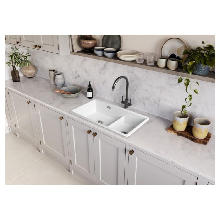Rangemaster Rustique Double Bowl Inset / Undermount White Ceramic Kitchen Sink