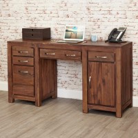 GRADE A3 - Baumhaus Mayan Solid Walnut Twin Pedestal Computer Desk