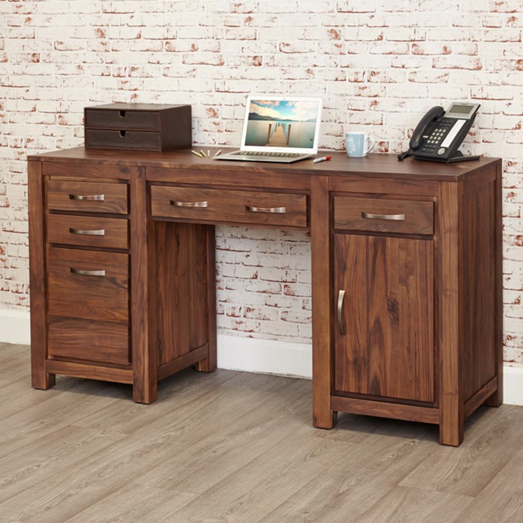 GRADE A3 - Baumhaus Mayan Solid Walnut Twin Pedestal Computer Desk
