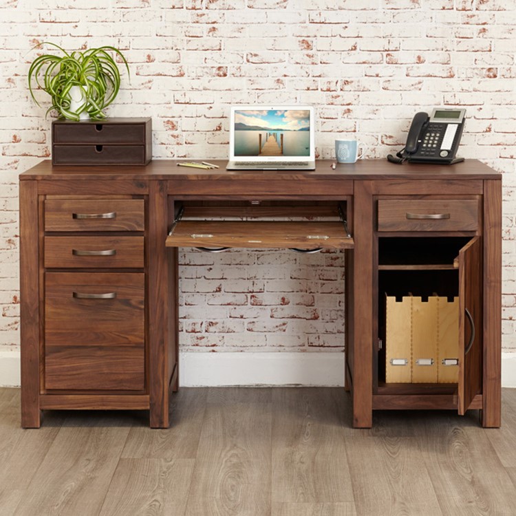 GRADE A3 - Baumhaus Mayan Solid Walnut Twin Pedestal Computer Desk