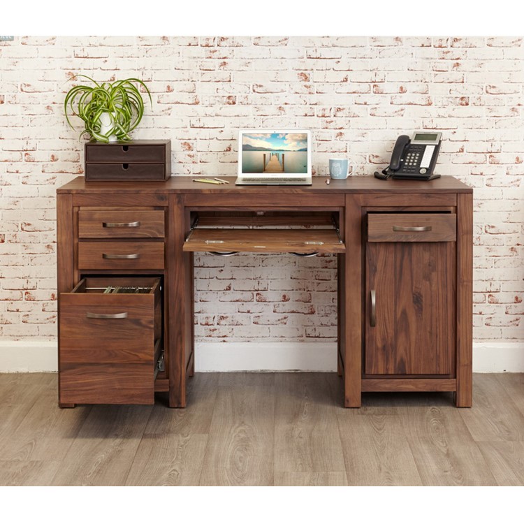 GRADE A3 - Baumhaus Mayan Solid Walnut Twin Pedestal Computer Desk