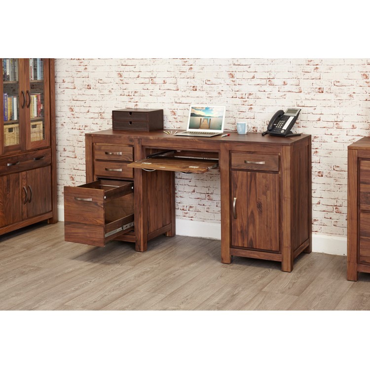 GRADE A3 - Baumhaus Mayan Solid Walnut Twin Pedestal Computer Desk