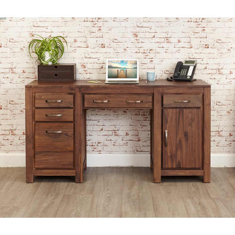 GRADE A3 - Baumhaus Mayan Solid Walnut Twin Pedestal Computer Desk