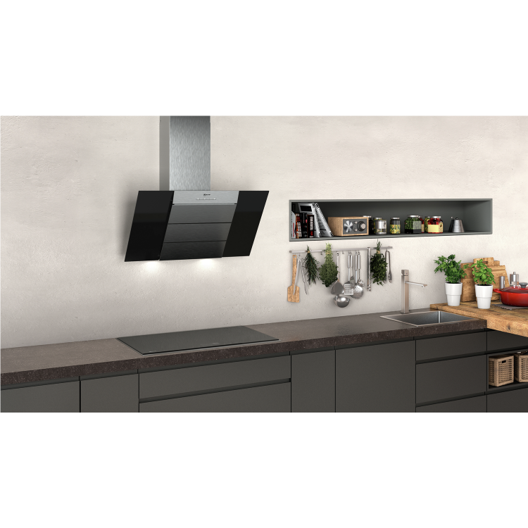 Refurbished Neff D85IBE1S0B 80cm Angled Cooker Hood With Perimeter Extraction Stainless Steel With Black Glass