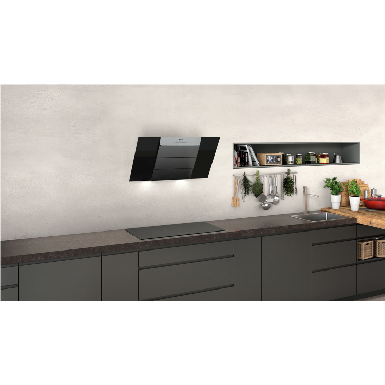 Refurbished Neff D85IBE1S0B 80cm Angled Cooker Hood With Perimeter Extraction Stainless Steel With Black Glass