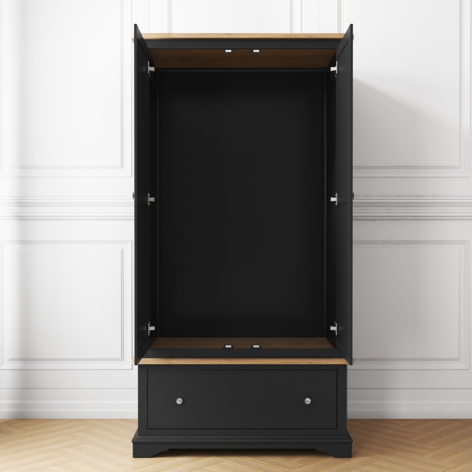 Darley Dark Grey Double Wardrobe in Solid Oak with Drawer BuyItDirect.ie