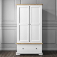 Darley White Double Wardrobe in Solid Oak with Drawer