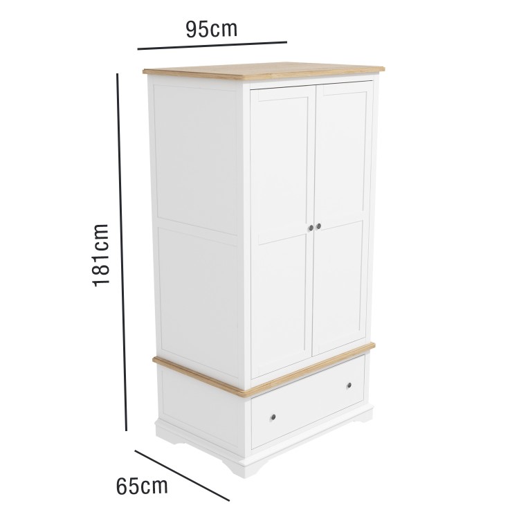 Darley White Double Wardrobe in Solid Oak with Drawer