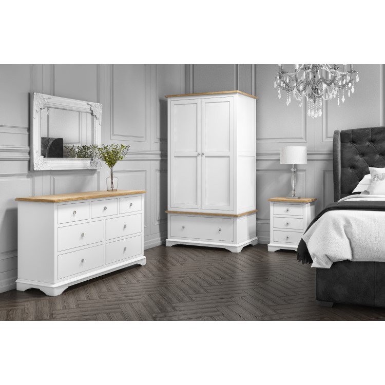 Darley White Double Wardrobe in Solid Oak with Drawer