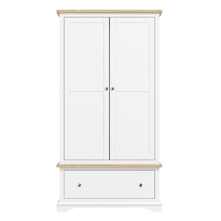 Darley White Double Wardrobe in Solid Oak with Drawer