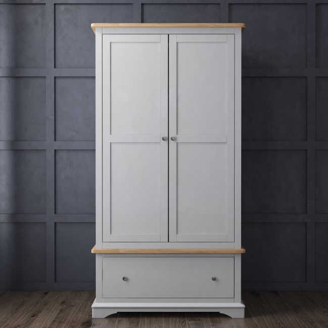 Grey Solid Oak 2 Door Double Wardrobe with Drawer - Darley
