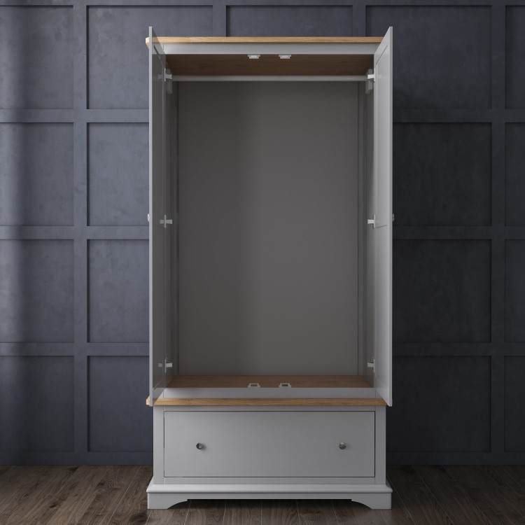 Grey Solid Oak 2 Door Double Wardrobe with Drawer - Darley