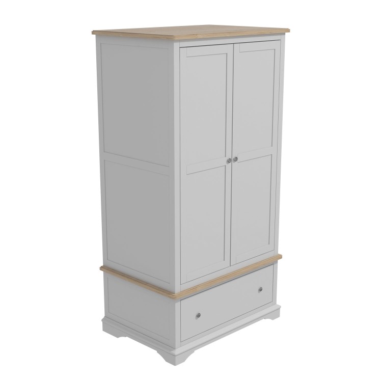 Grey Solid Oak 2 Door Double Wardrobe with Drawer - Darley