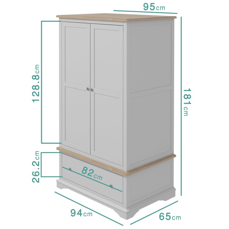 Grey Solid Oak 2 Door Double Wardrobe with Drawer - Darley