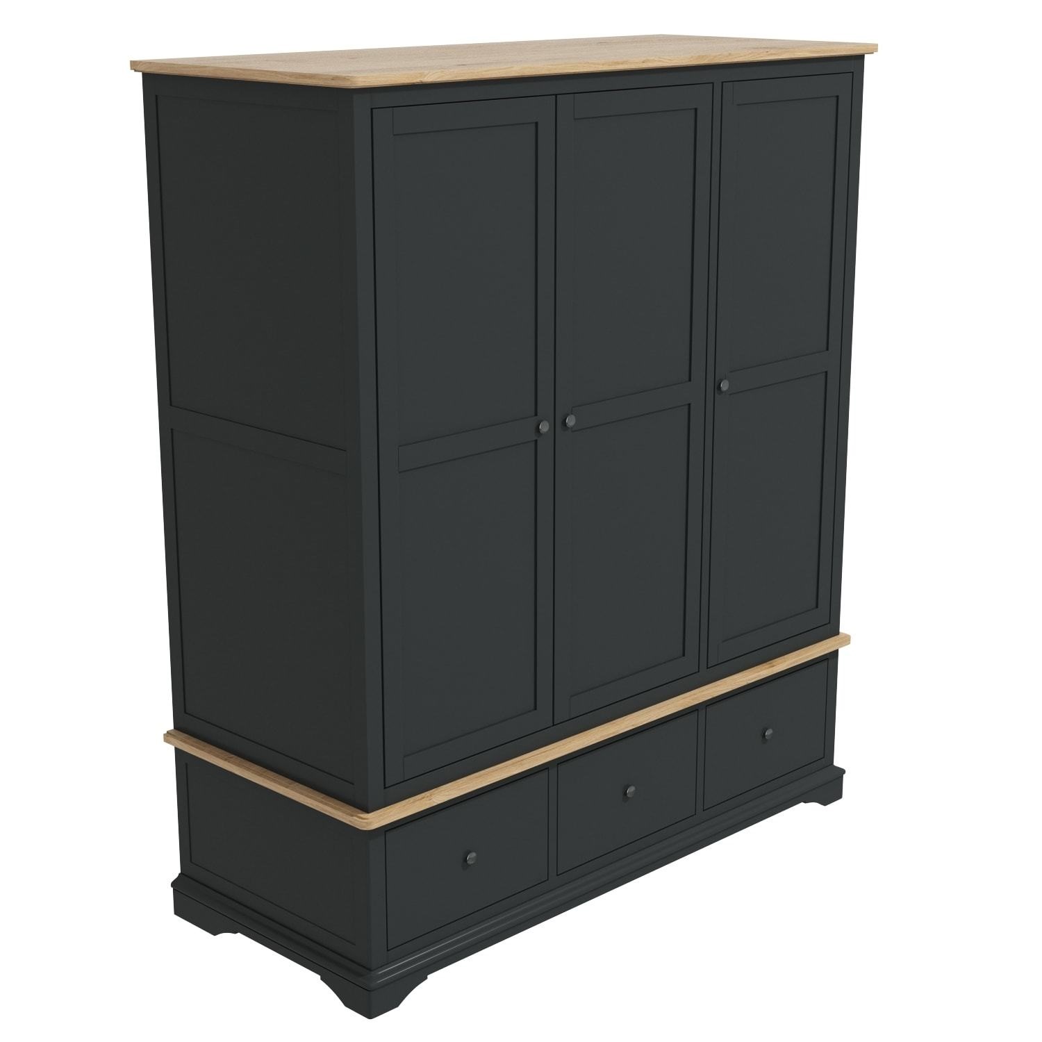 Darley Dark Grey Triple Wardrobe In Solid Oak With Drawers Buy