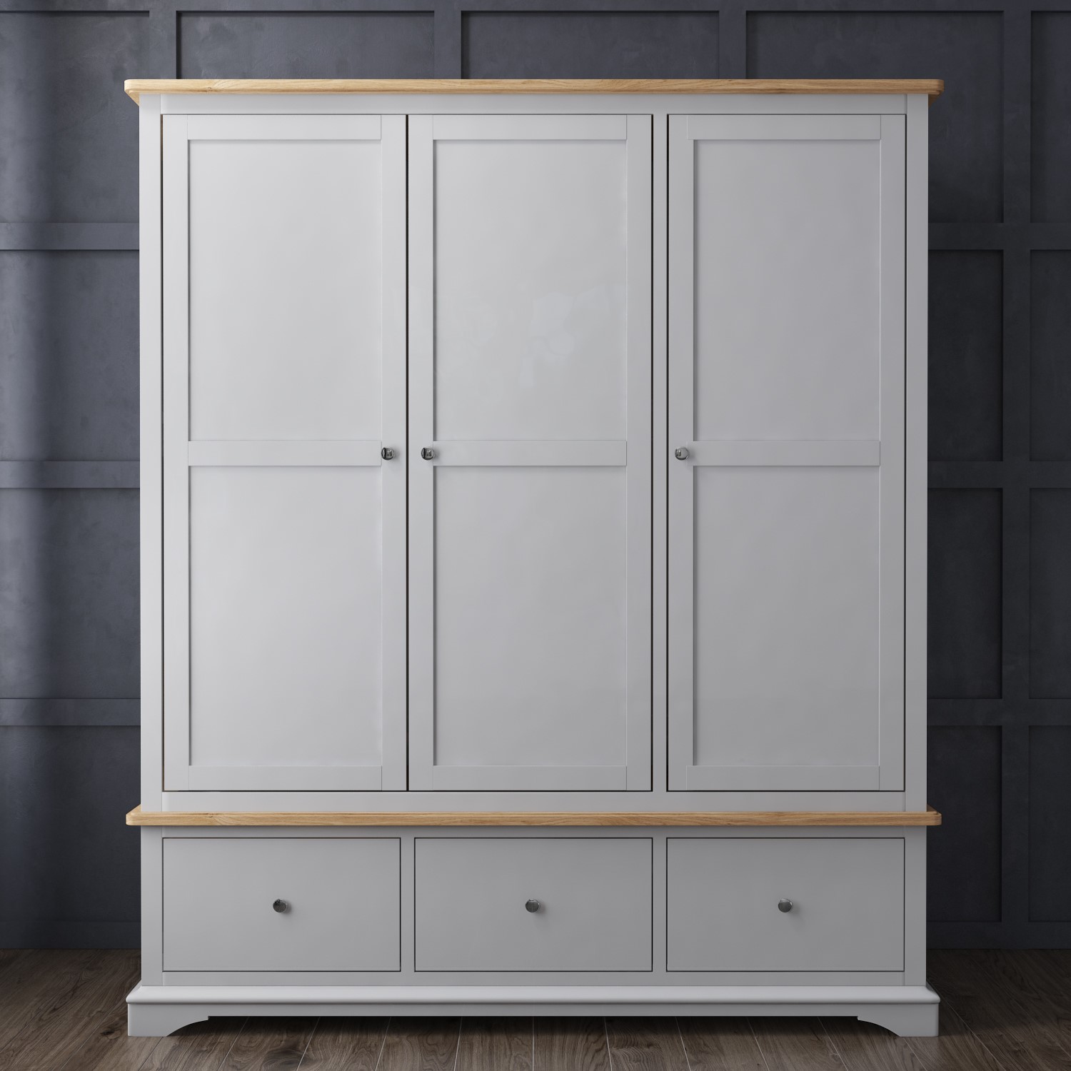 Darley Light Grey Triple Wardrobe In Solid Oak With Drawers Buy