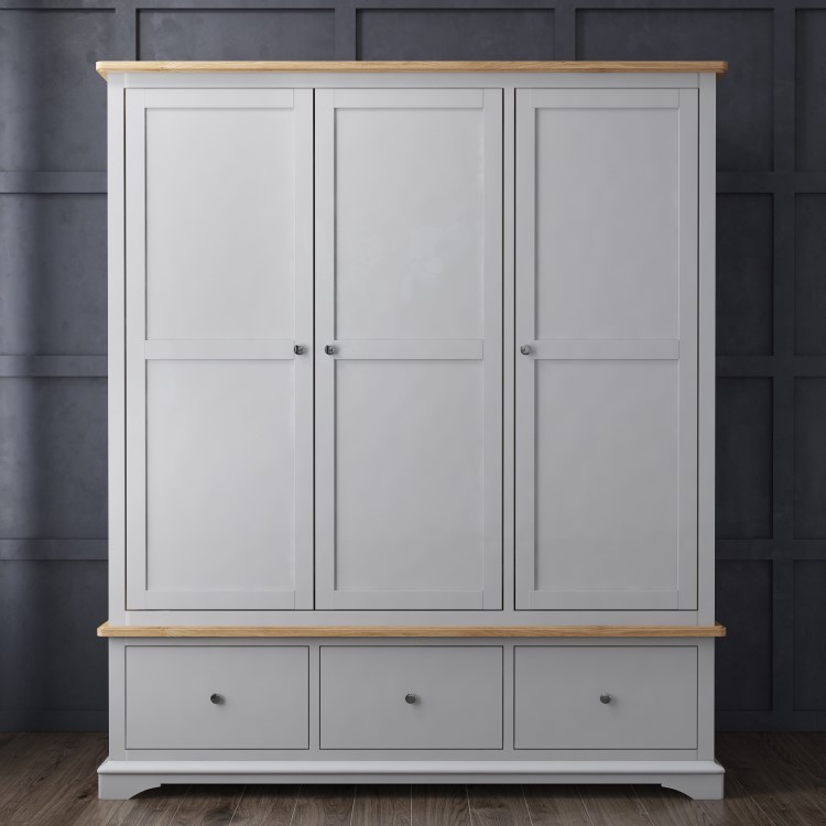 Grey Solid Oak 3 Door Triple Wardrobe with Drawers - Darley