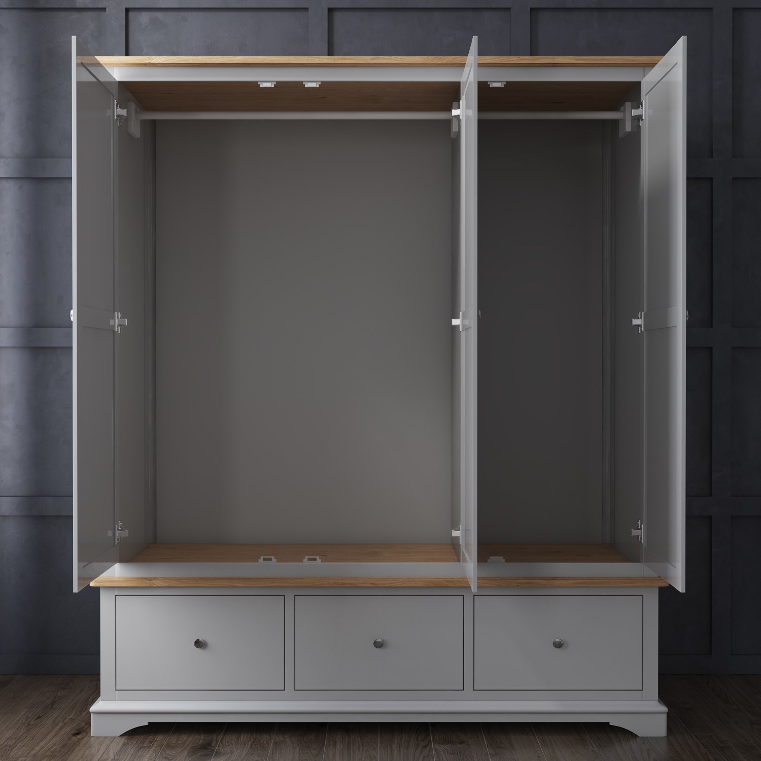 Darley Light Grey Triple Wardrobe In Solid Oak With Drawers Buy
