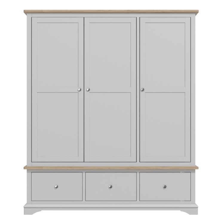 Grey Solid Oak 3 Door Triple Wardrobe with Drawers - Darley