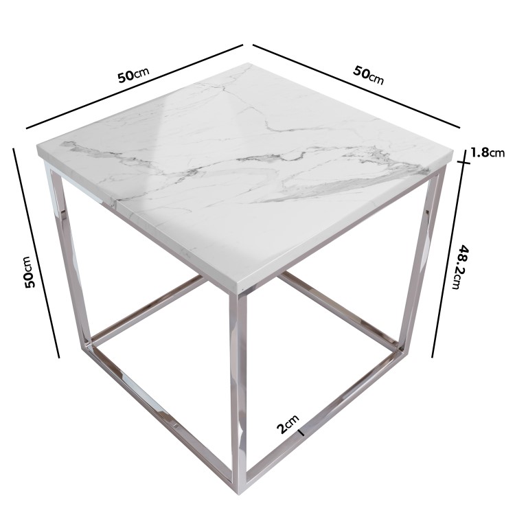 Square White Marble Effect Top Side Table with Chrome Legs - Demi