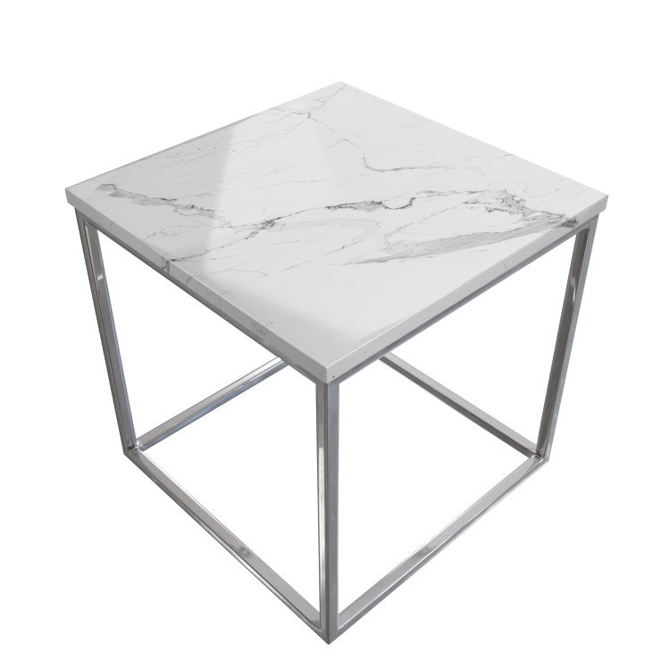 Square White Marble Effect Top Side Table with Chrome Legs - Demi