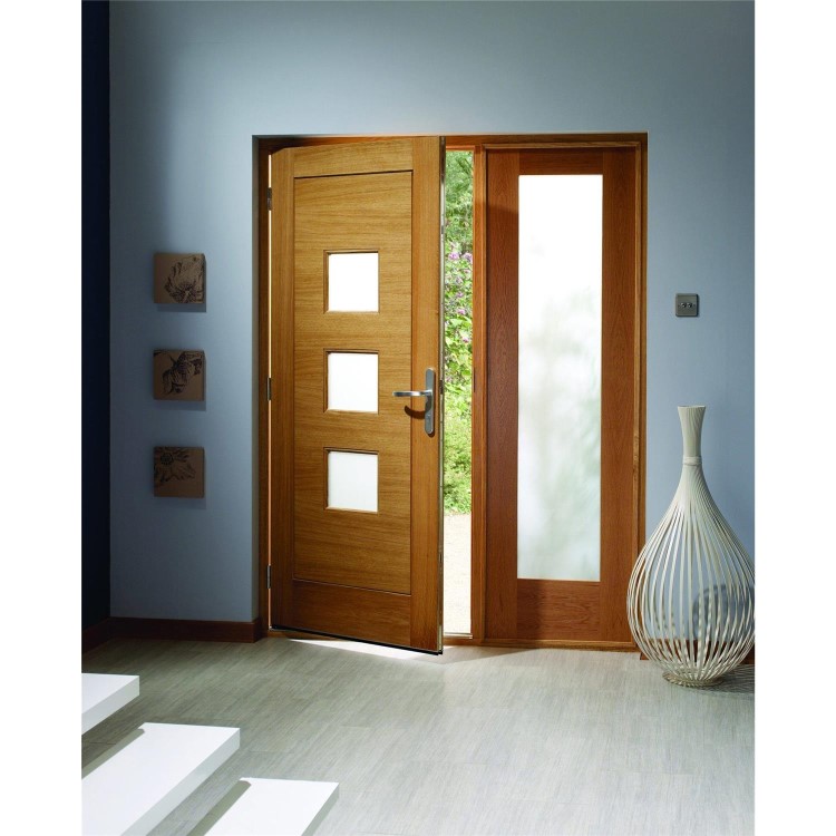 External Oak Dowelled Double Glazed Pattern 10 Side Light with Frosted Glass - Unfinished, 1981 x 584 x 44 mm