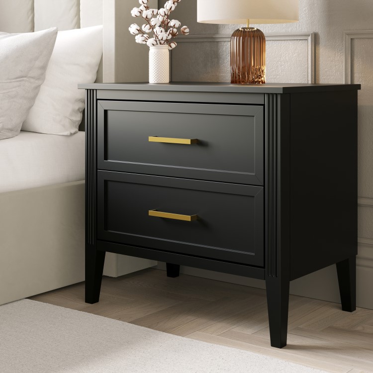 Black Wide 2 Drawer Bedside Table - Delilah