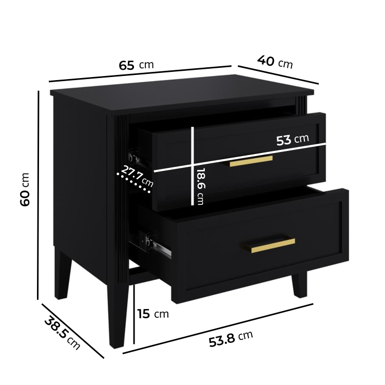 Black Wide 2 Drawer Bedside Table - Delilah