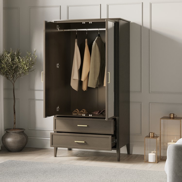 Dark Wood Mirrored 2 Door Double Wardrobe with Drawers - Delilah
