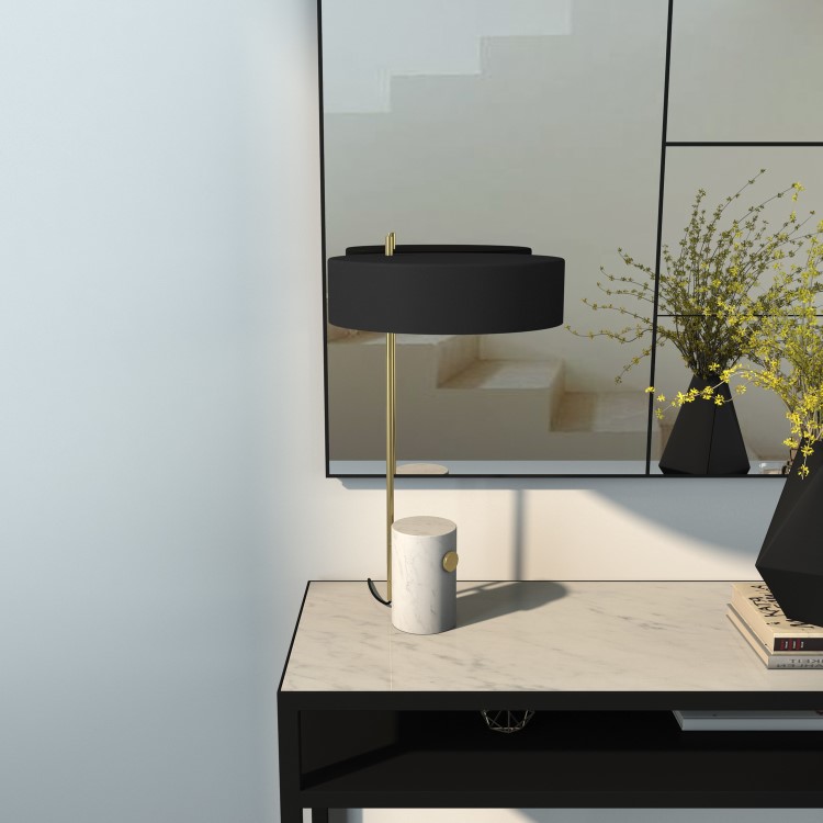 GRADE A1 - Table Lamp with Marble & Brass Base and Black Shade - Newby
