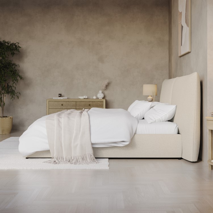 Beige Linen Super King Ottoman Bed with Pillow Headboard - Dune