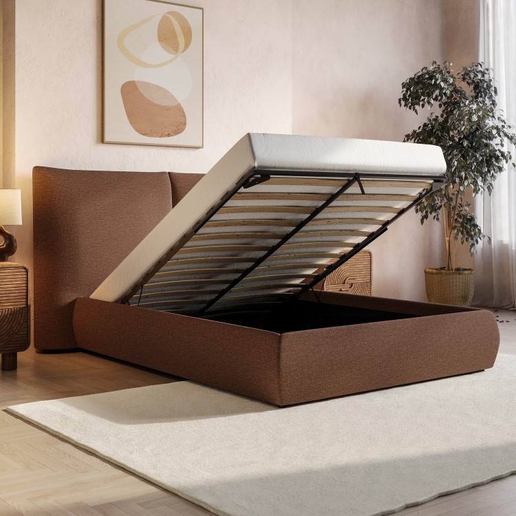 Brown Chenille Double Ottoman Bed with Pillow Headboard - Dune