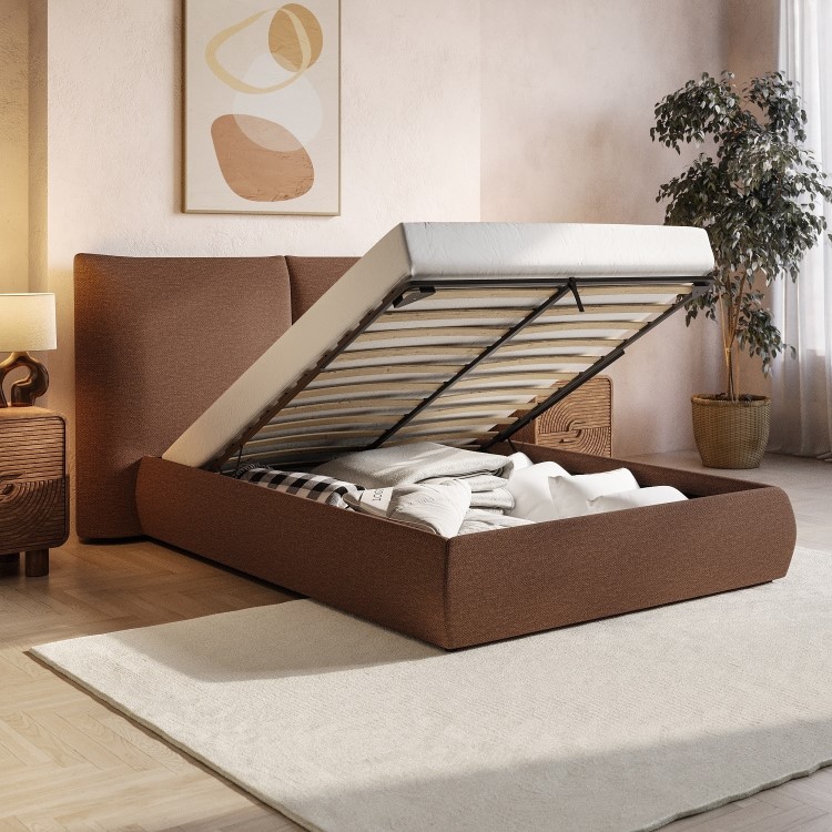 Burnt Orange Chenille Double Ottoman Bed with Pillow Headboard - Dune