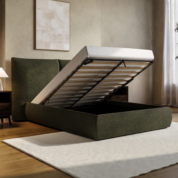 Green Chenille Double Ottoman Bed with Pillow Headboard - Dune