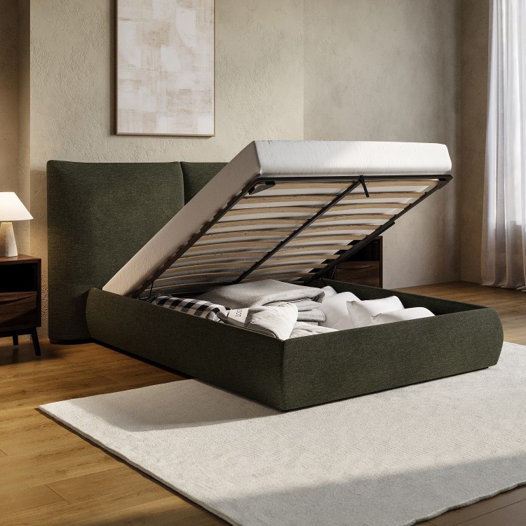 Green Upholstered King Size Ottoman Bed with Pillow Headboard - Dune
