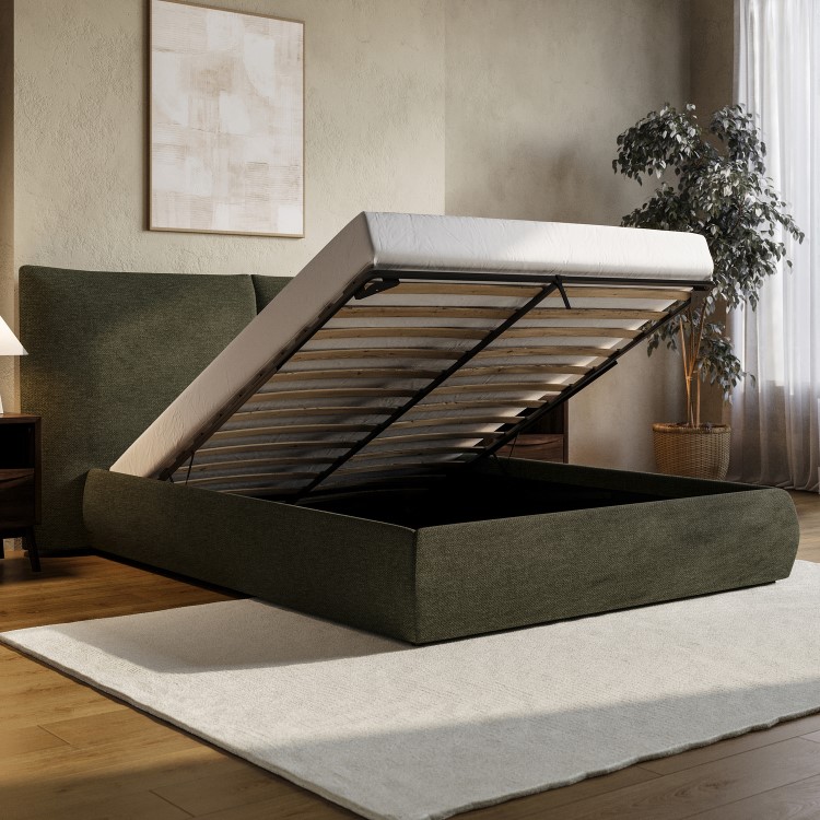 Green Chenille King Size Ottoman Bed with Pillow Headboard - Dune