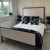 Beige Upholstered Double Bed with Black Metal Frame - Alexandra
