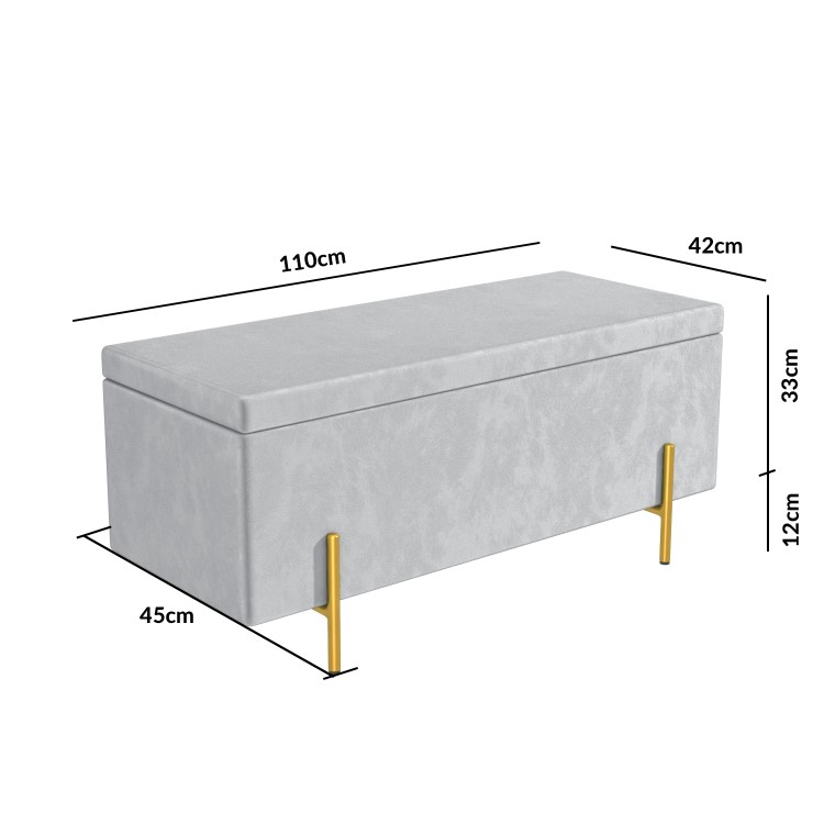 Darcey Velvet Storage Bench in Silver Grey with Gold Leg