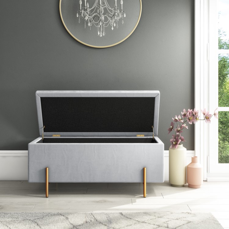 Darcey Velvet Storage Bench in Silver Grey with Gold Leg