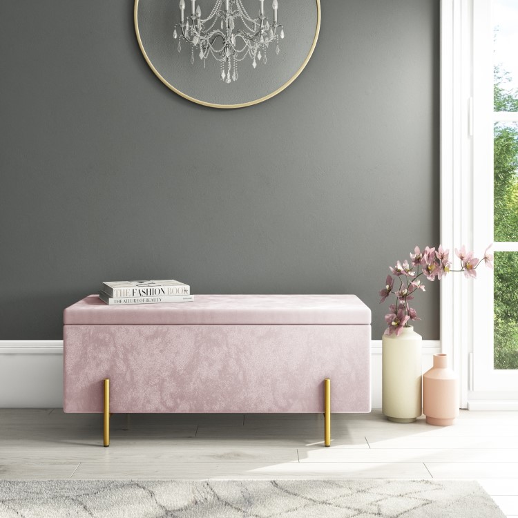 Darcey Velvet Storage Box in Baby Pink with Gold Leg