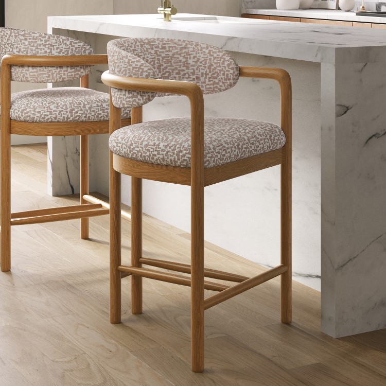 Beige Printed Upholstered Kitchen Stool with Solid Wood Exposed Back - Darla