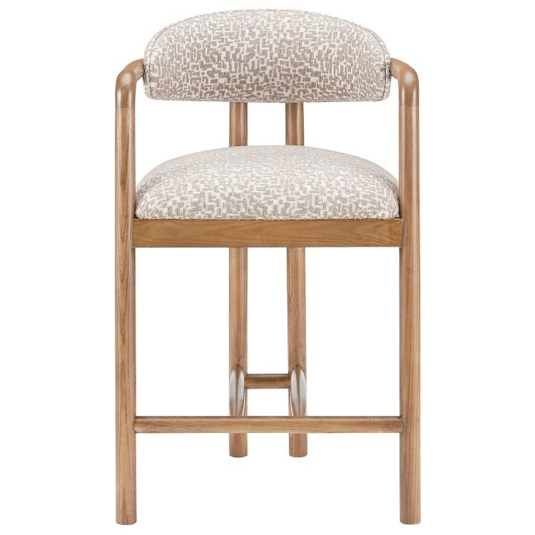Beige Printed Upholstered Kitchen Stool with Solid Wood Exposed Back - Darla