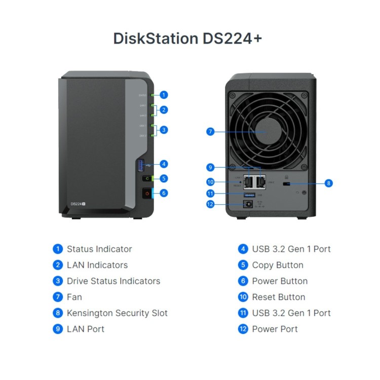 Synology DiskStation DS224+ 2GB RAM with 8TB Installed Storage 2 Bay SATA Desktop NAS