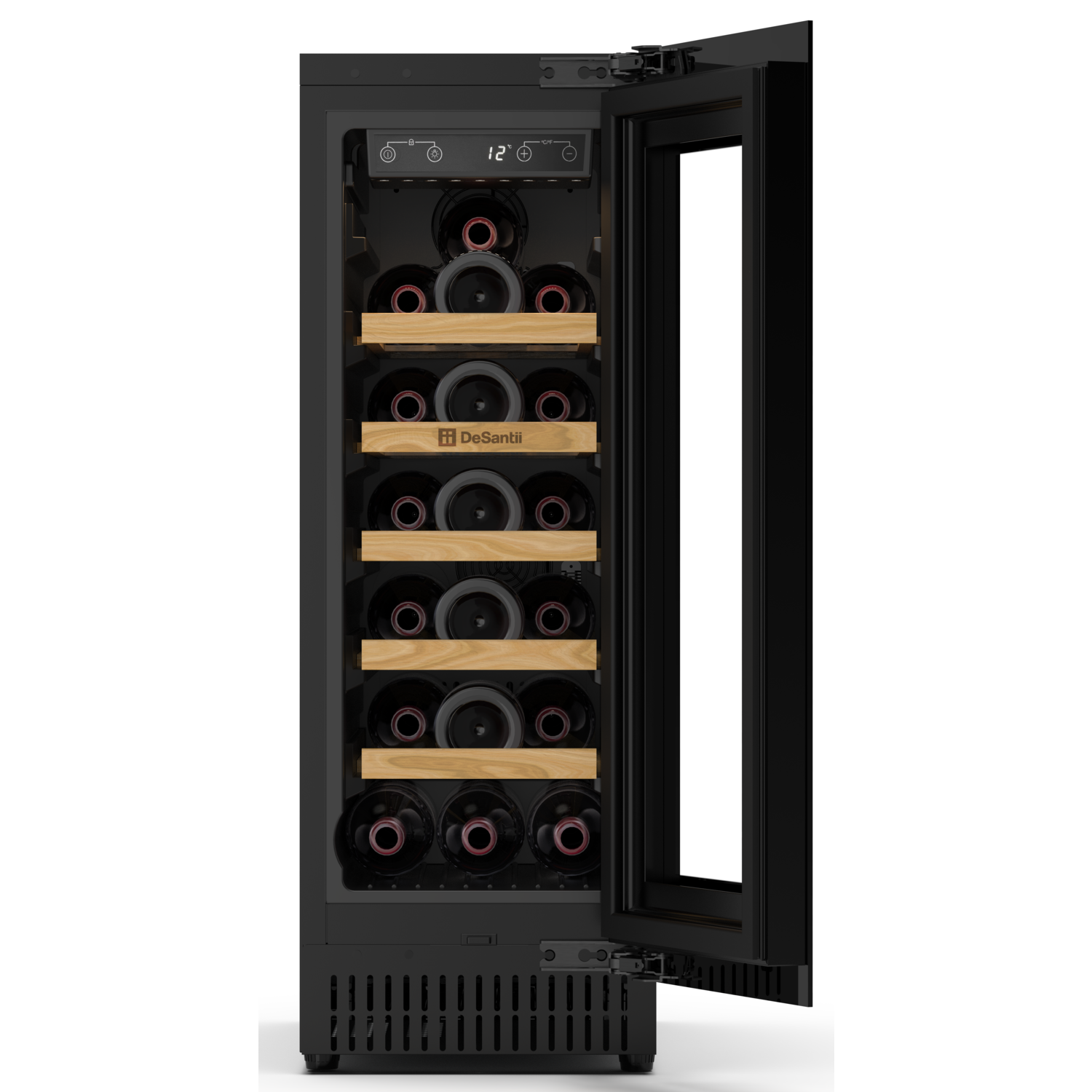 DeSantii 18 bottle wine cooler with the door open and bottles on timber shelves