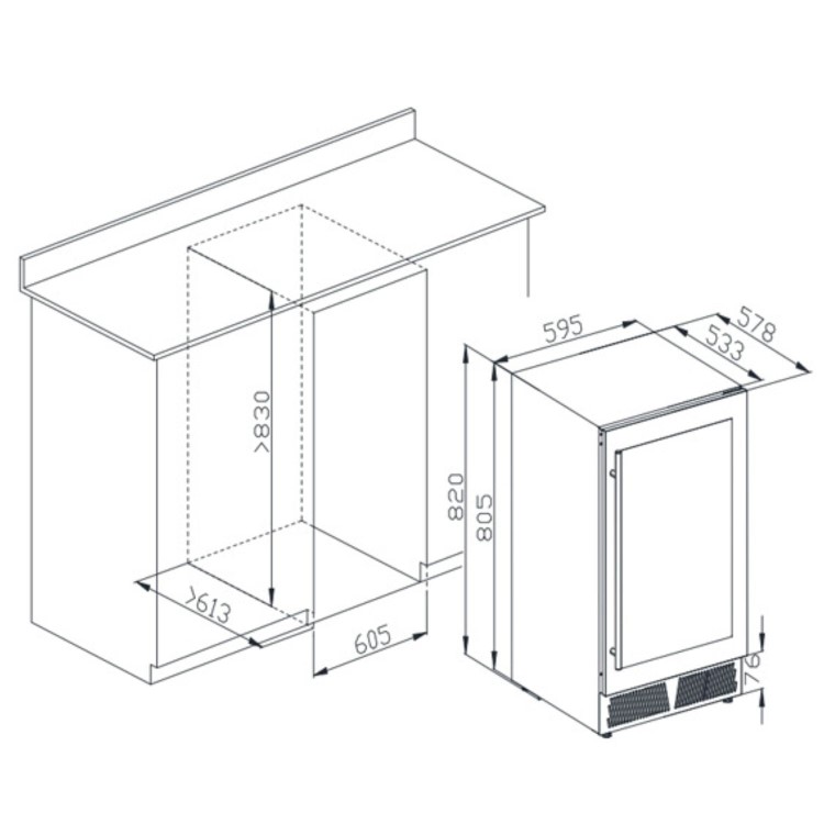 De Santii 52 Bottle Capacity Single Zone Built in Wine Cooler - Stainless steel