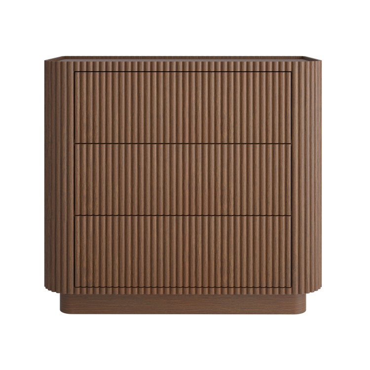 Walnut Ribbed 3 Drawer Chest of Drawers - Fully Assembled - Drew