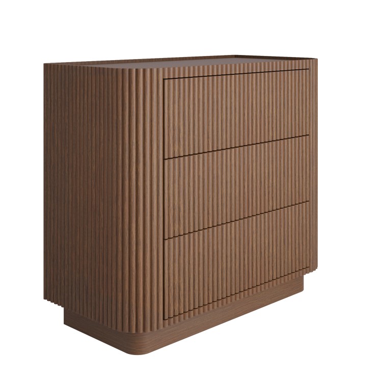 Walnut Ribbed 3 Drawer Chest of Drawers - Fully Assembled - Drew