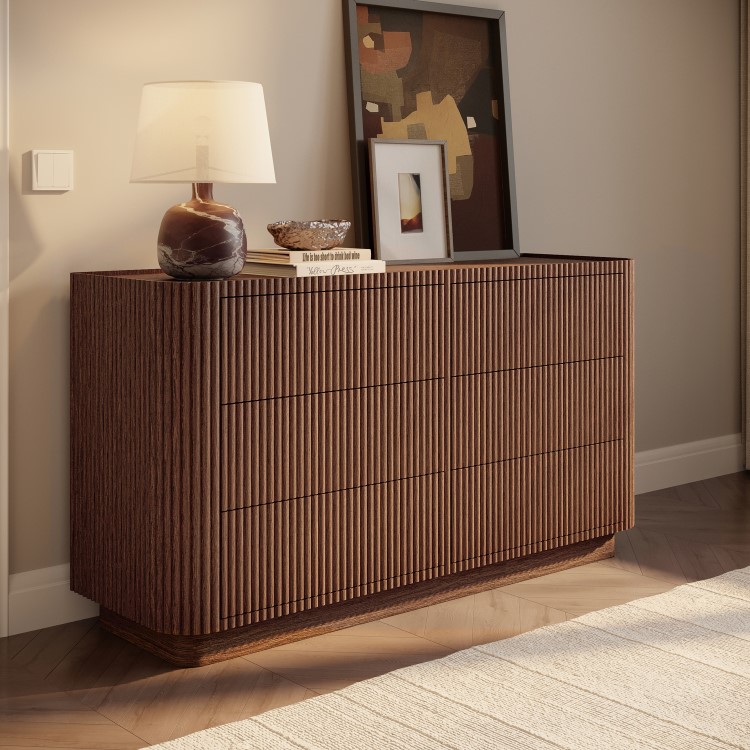 Walnut Ribbed 6 Drawer Wide Chest of Drawers - Fully Assembled - Drew