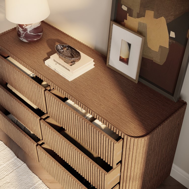 Walnut Ribbed 6 Drawer Wide Chest of Drawers - Fully Assembled - Drew