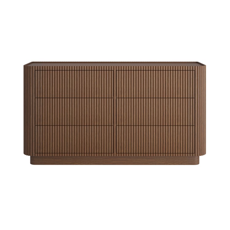 Walnut Ribbed 6 Drawer Wide Chest of Drawers - Fully Assembled - Drew